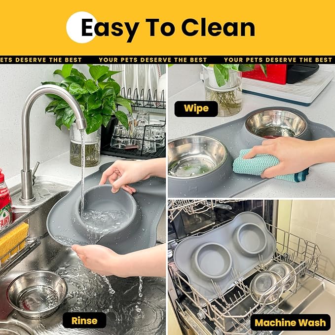 Dog Bowls with Silicone Feeding Mat,No Spill Food Water Dish Set,Dishwasher Safe,2 Stainless Steel Puppy Bowls with Dogs Bandanas,Suitable for Tiny Pets Under 8lbs,Extra Small,Grey
