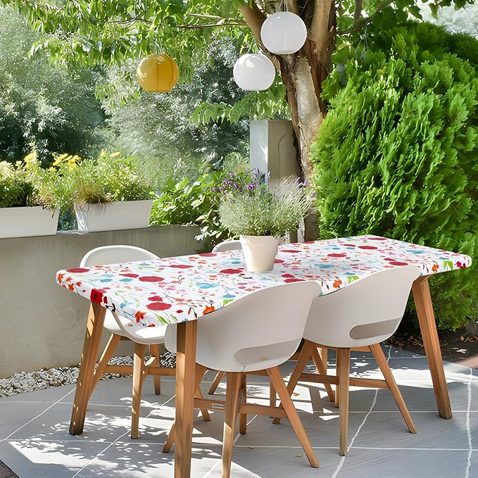 misaya Rectangle Vinyl Tablecloth, Fitted Table Cover, 100% Waterproof, Elastic Edge, Flannel Backing, Plastic Table Cloth Fit 6 Foot Folding Tables for Picnic, Camping, Outdoor (Flowers, 30x72 inch)
