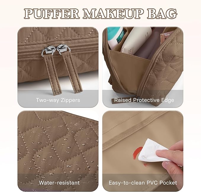 TOPEAST Christmas Gifts for Women Girls - 2Pcs Makeup Bag Small Cosmetic Travel Bag Purse, Waterproof Puffy Toiletry Organizer, Portable Open Flat Make Up Pouch, Brown