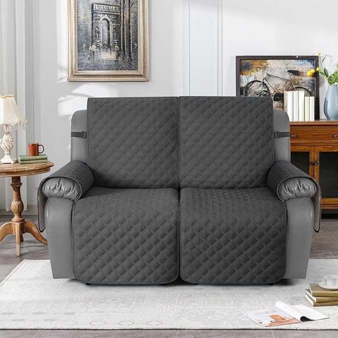 TAOCOCO 100% Waterproof Recliner Couch Covers, Recliner Sofa Covers with Leg Straps, 1-Piece Washable Reclining Sofa Cover with Pocket Couch Protector for Pets Kids(2 Seater, Charcoal Gray)
