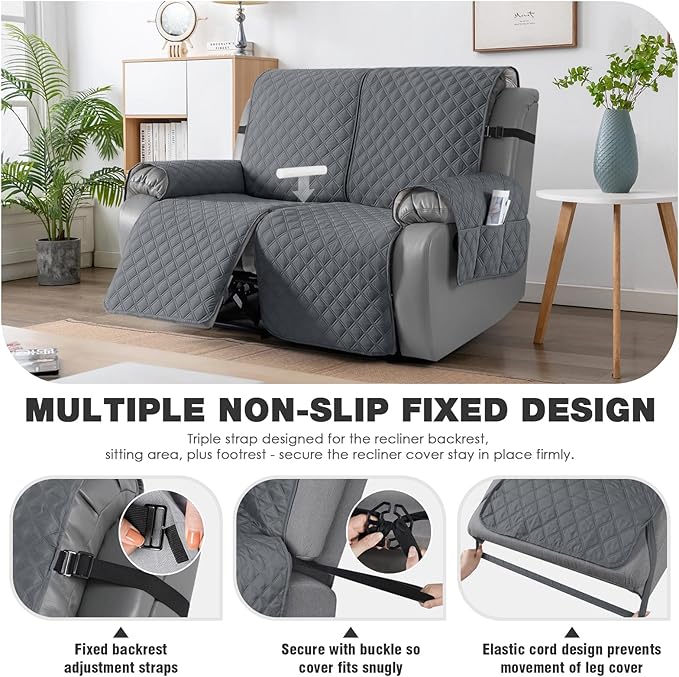 TAOCOCO 100% Waterproof Recliner Couch Covers, Recliner Sofa Covers with Leg Straps, 1-Piece Washable Reclining Sofa Cover with Pocket Couch Protector for Pets Kids(2 Seater, Dark Grey)