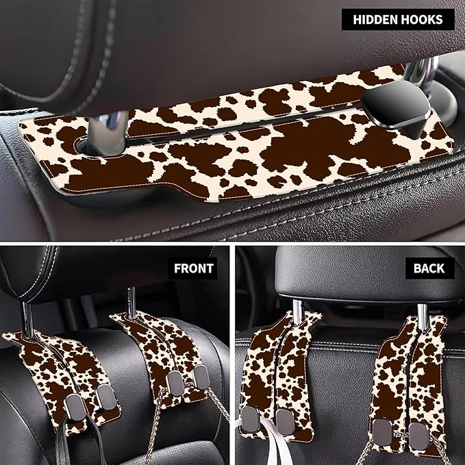 AEWNUNK 1 Pack Car Seat Headrest Hooks for Purses and Bags Camouflage Brown Cow Skin Bag Purse Holder for Car with Double Metal Hooks Car Purse Hanger Hanging Accessories