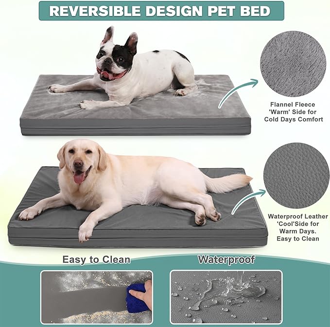 Waterproof Dog Beds Large Sized Dogs, Outdoor Washable Orthopedic Pet Bed with Removable Cover Reversible, Foam Pets Bed Durable Anti-Slip Bottom, 36"x27", Gray