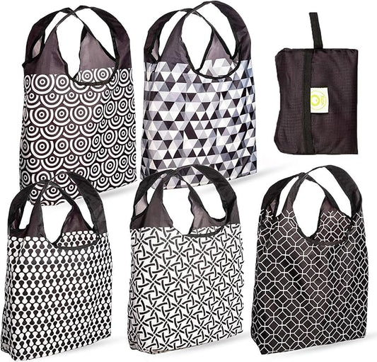 O-WITZ Reusable Grocery Bags | Vibrant Tote Bag For Groceries, Gym, Office, Beach & More | Washable Design With Large Handles For Maximum Convenience | Folds Into Small Pouch, 5 Pack, Black and White