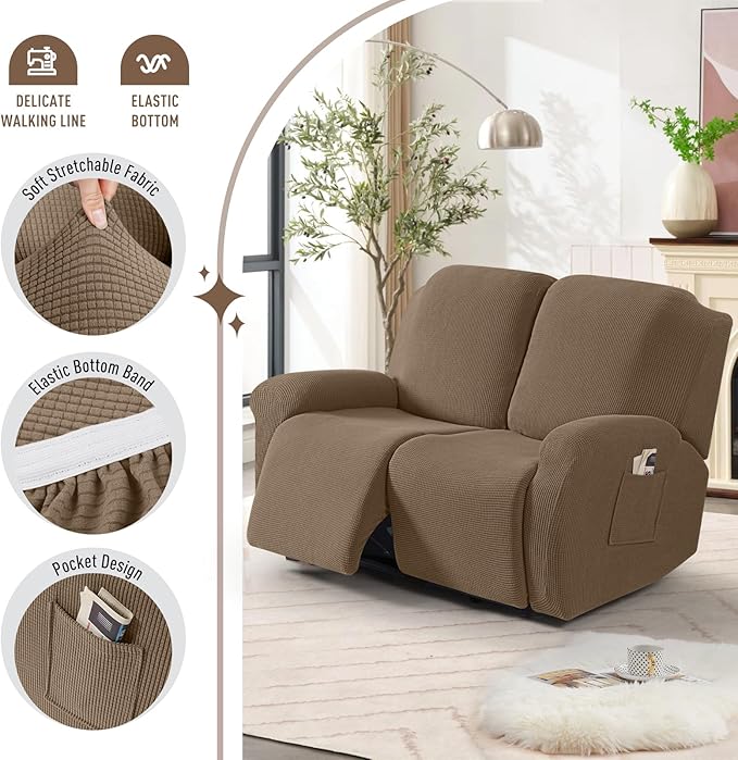 TAOCOCO Recliner Loveseat Slipcover, 6 Pieces Dual Recliner Sofa Covers for 2 Seat Dual Reclining Loveseat Couch, Stretch Soft Jacquard Pattern Furniture Protector with Elasticity (Khaki)