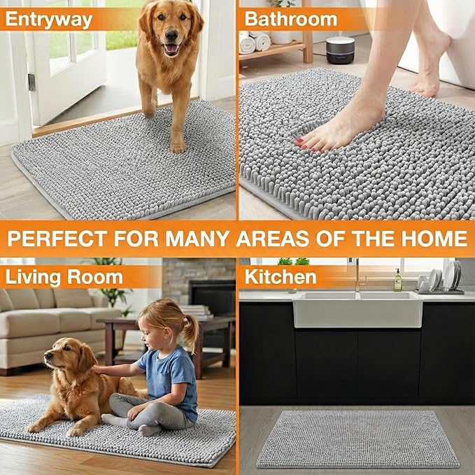 Neater Pets Chenille Dog Door Mat 36” x 24” – Super Absorbent & Quick-Dry Muddy Paws Doormat for Trapping Dirt, Water, Mud - Non-Slip & Machine Washable Pet Rugs for Entryway, Indoor Mud Mats, Gray