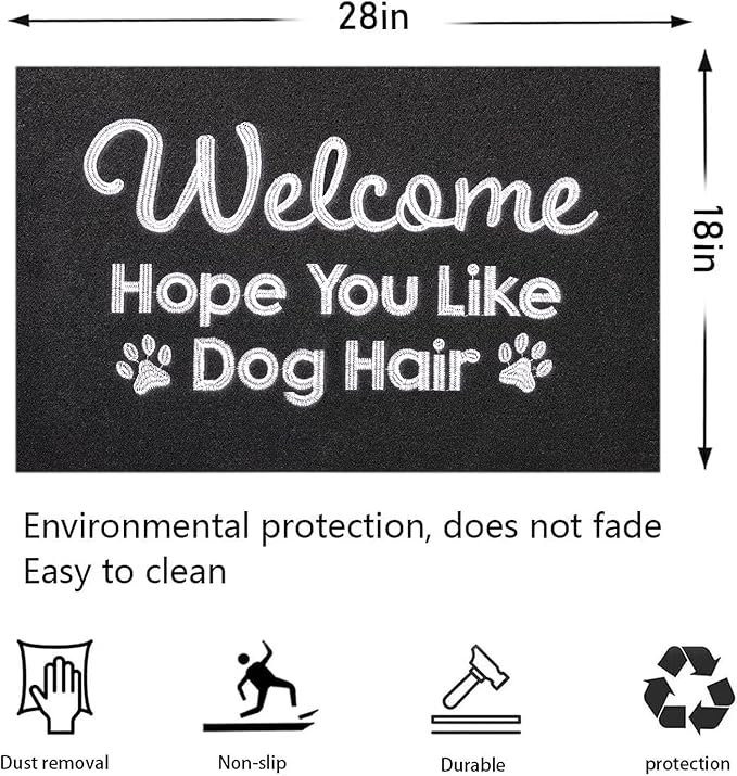 Black Indoor Doormat, Dog Hair Mat Standard Welcome Front Door Entryway Mats, Funny Door Mat, Durable Non Slip Rubber Dirt Entrance Mats, 28" x 18"