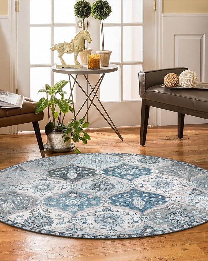 Lahome Moroccan Washable Round Rugs for Entryway, Soft Vintage Round Rug 4ft Ultra-Thin, Non-Slip Small Distressed Circle Carpet for Dining Room Bedroom Bathroom Nursery Elise, Blue