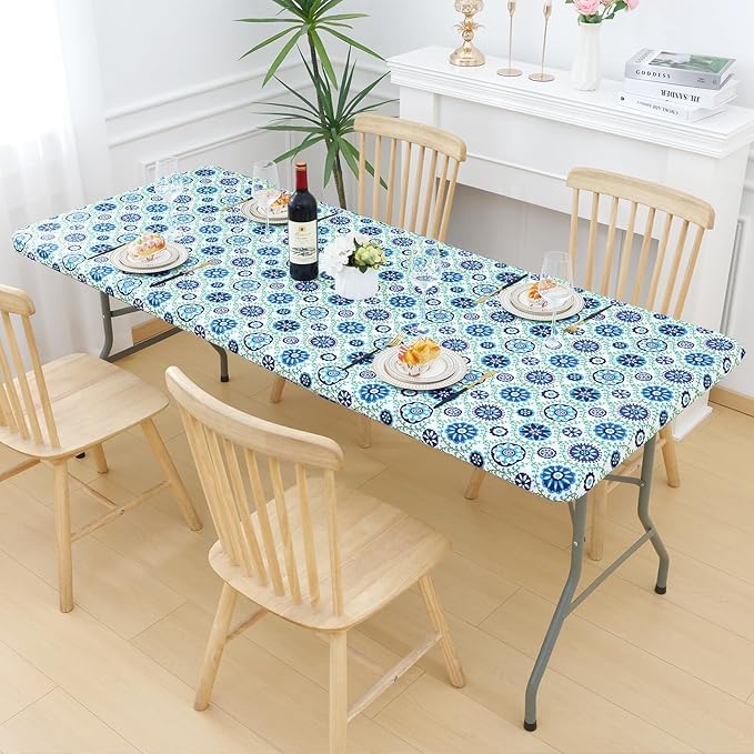 misaya Rectangle Vinyl Tablecloth, Fitted Table Cover, 100% Waterproof, Elastic Edge, Flannel Backing, Table Cloth Fit 8 Foot Folding Tables for Picnic, Outdoor (Navy Mandala, 30x96 inch)