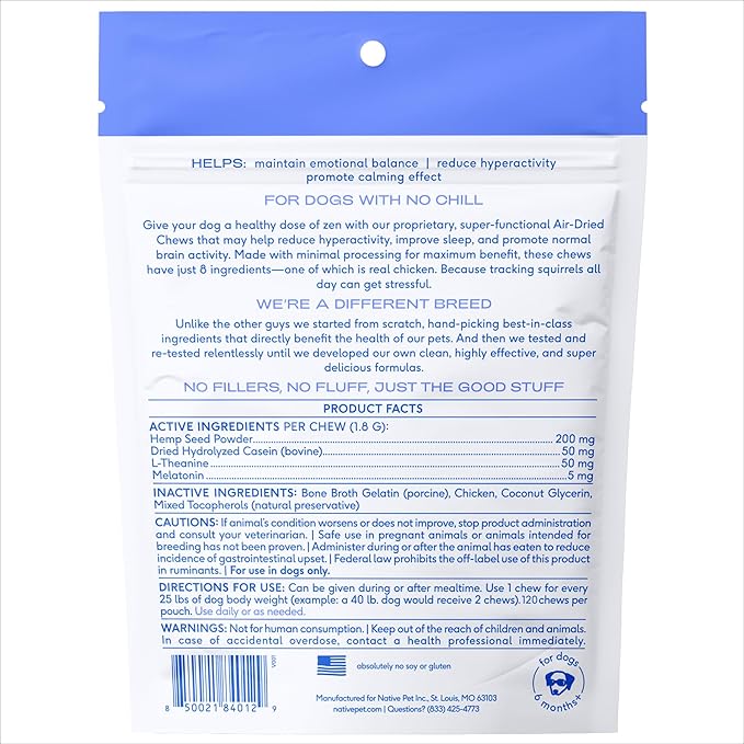 Native Pet Calming Chews for Dogs - Melatonin for Dogs Anxiety Relief - Grain Free All Natural Hemp Calming Treats & L-Theanine Helps Manage Stress & Separation Anxiety - Puppy Sleep Aid - 120 Chews