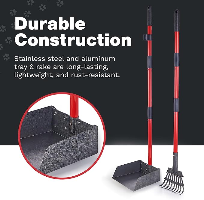 Pawler Pooper Scooper for Large Dogs and Small Dogs, Metal Poop Scooper Set with Long Handle Rake and Heavy Duty Tray for Yard, Grass, Dirt or Gravel, Heavy Duty Aluminum Poop Picker Upper