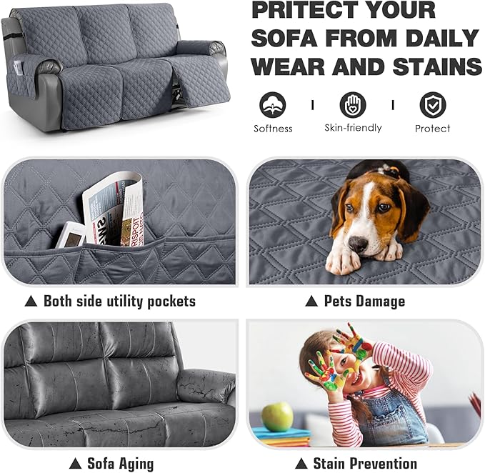 TAOCOCO 100% Waterproof Recliner Couch Covers, Recliner Sofa Covers with Leg Straps, 1-Piece Washable Reclining Sofa Cover with Pocket Couch Protector for Pets Kids(3 Seater, Smoke Gray)