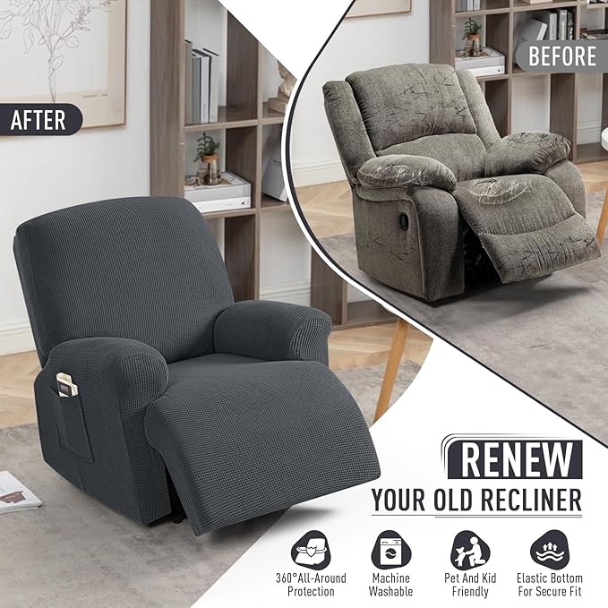 TAOCOCO Recliner Cover 4-Pieces, Recliner Stretch Sofa Slipcover, Recliner Cover 1 Seat, Couch Protector Soft, Furniture Protector Covers with Elastic,Chair Covers Jacquard Pattern (Charcoal Grey)