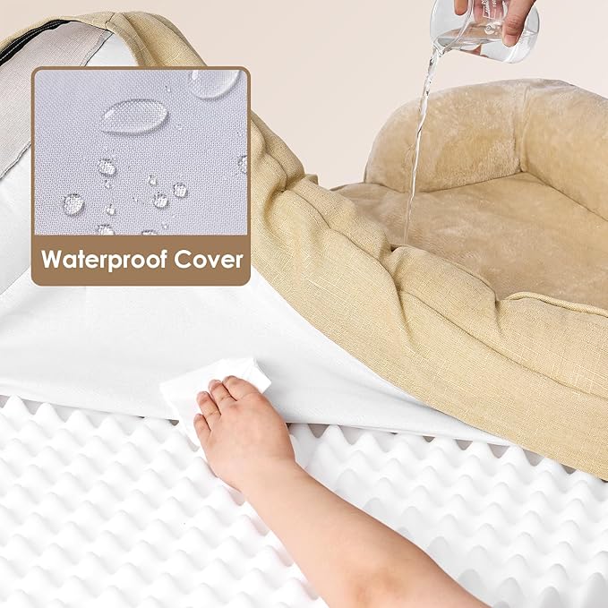 EHEYCIGA Orthopedic Dog Beds for Large Dogs, Waterproof Memory Foam Large Dog Bed with Sides, Non-Slip Bottom and Egg-Crate Foam Pet Couch Bed with Washable Removable Cover, Greige