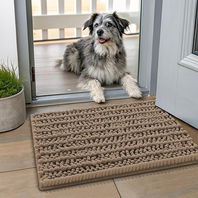 Smiry Dog Door Mat for Muddy Paws 24x16, Extra Soft Absorbent Chenille Doormat, Trap Moisture and Dirt, Non-Slip Machine Washable Front Door Mat for Indoor Entrance Inside Floor, Camel