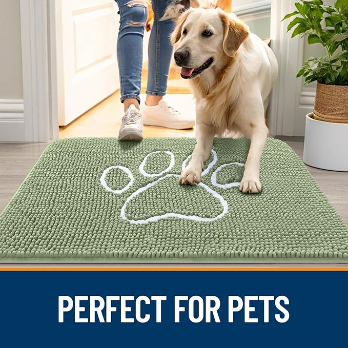 OLANLY Dog Door Mat for Muddy Paws 47x24, Paw Print Design, Absorbs Moisture and Dirt, Non-Slip Washable Doormat, Quick Dry Chenille Mud Mat for Dogs, Entry Indoor Entryway Carpet, Sage Green