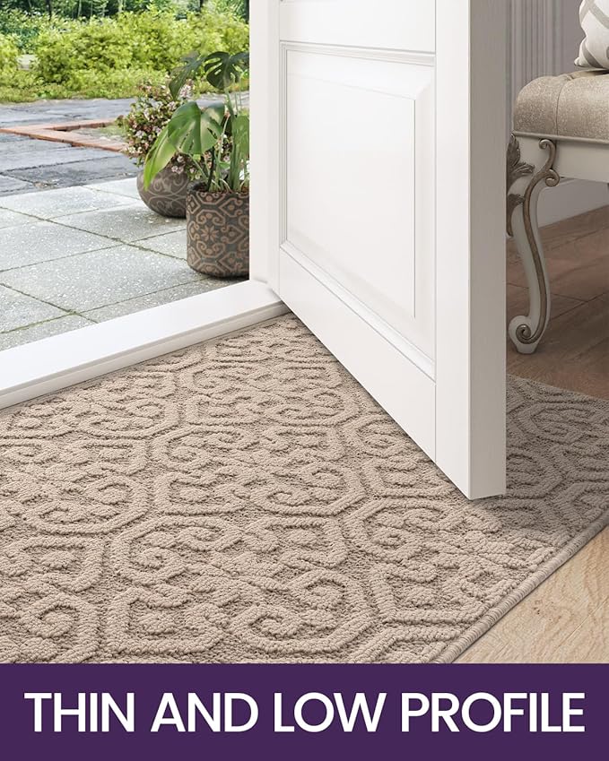 DEXI Front Door Entryway Mat Non Slip, 2x3 ft Washable Inside Entrance for House Floor Low Profile, Thin Entry Doormat Absorbent Dirt Trapper, Light Beige