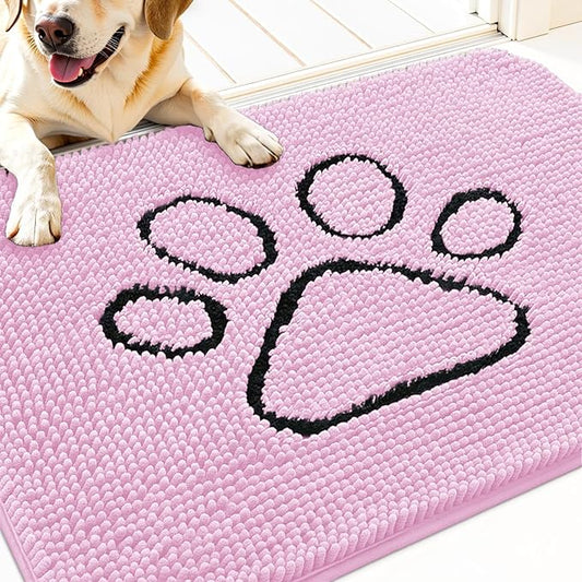 OLANLY Dog Door Mat for Muddy Paws 30x20, Paw Print Design, Absorbs Moisture and Dirt, Absorbent Non-Slip Washable Doormat, Quick Dry Chenille Mud Mat for Dogs, Entry Indoor Entryway Carpet, Pink