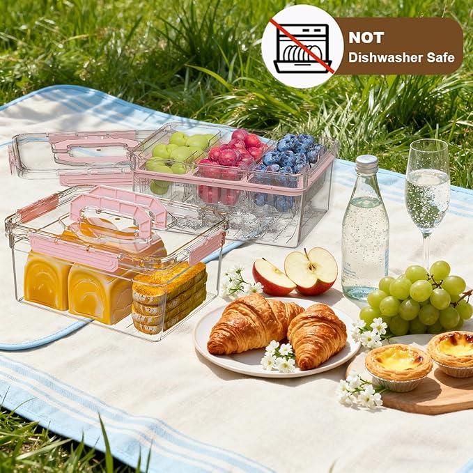 Bread Box with Ice Chilled Condiment Caddy, Portable Airtight Storage Container with Lid Handle for Kitchen Counter, Keeper for Homemade Bread, Toast, Bagel, Cookies, Pink