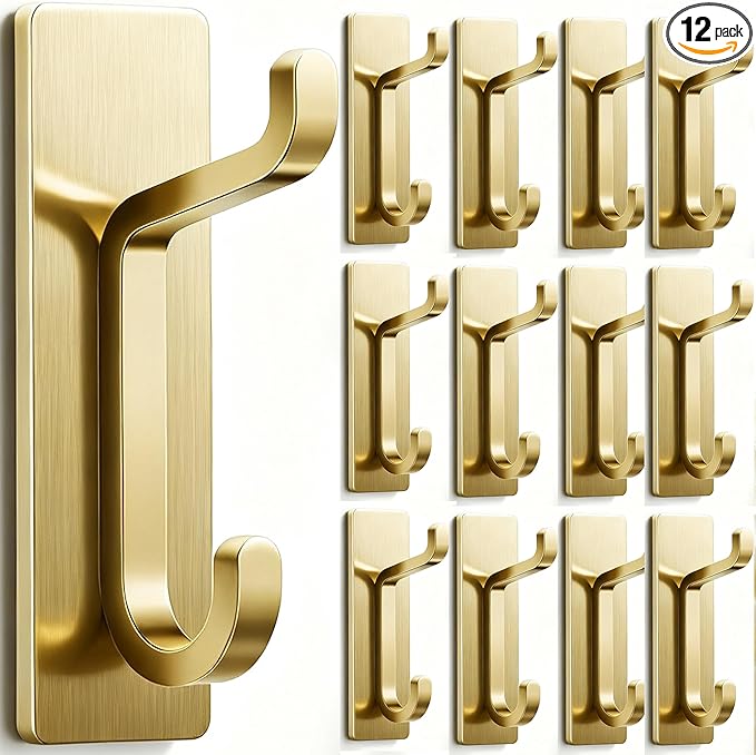 pickpiff Wall Hooks for Coat and Towel: 13LB Adhesive Door Hanger Stick on, Brushed Gold