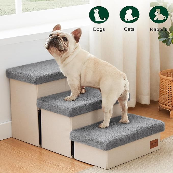 Love's cabin Dog Stairs for High Bed 18" H,3 Steps with Furry Lids Pet Stairs for Small Medium Large Dogs,Foldable Cat Ramp with Zip up to 200 lbs,Grey