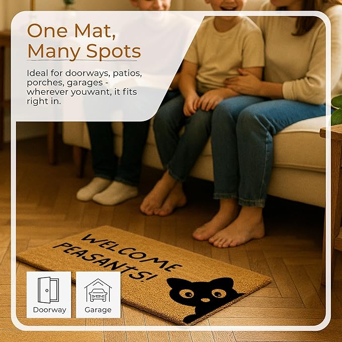 COCONIQ Coir Door Mats 17" X 30", Non-Slip Sturdy, PVC Backed Heavy Duty, Easy to Clean, Ideal for Door Entrance, Patio, Porch, Backyard, Garages, Sneaky Welcome Peasants