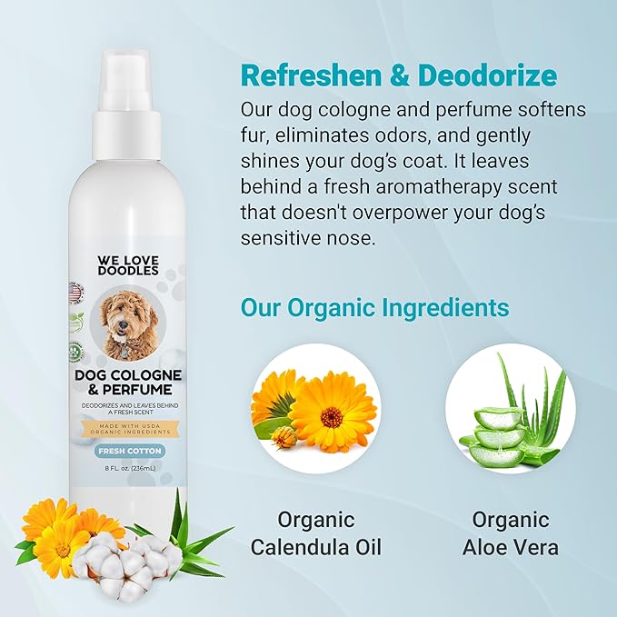 We Love Doodles Dog Cologne & Perfume (Fresh Cotton) and Small Slicker Brush Bundle - Odor Eliminator Spray and Long Pin Brush Kit - Long Lasting Deodorizer - Long Haired Brush For Dogs - Made In USA