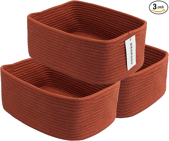 XUANGUO Small Woven Storage Baskets 12“X8”X5“ Decorative Rope Bins for Organizing Shelves, Closets, and Toys, Empty Gift Baskets, Cute Organizer Basket for Home and Office (rustic, regular)