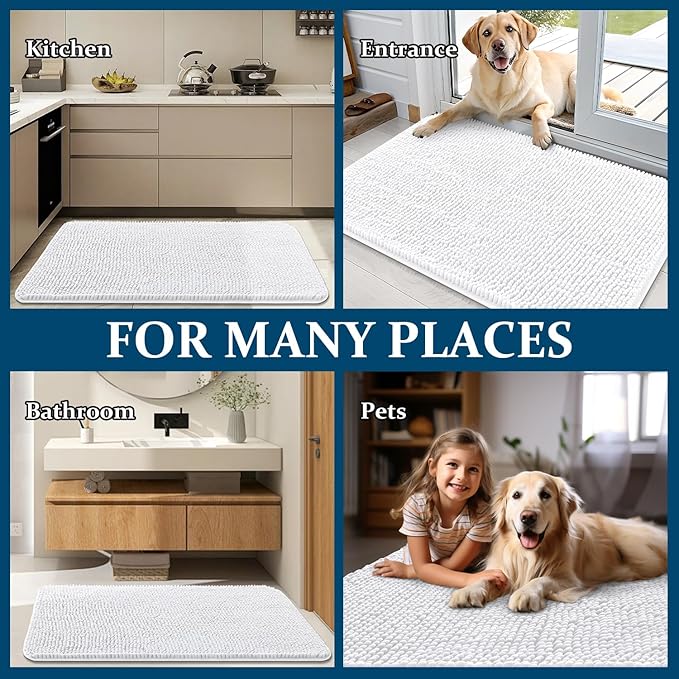 OLANLY Dog Door Mat for Muddy Paws 30x17, Absorbs Moisture and Dirt, Absorbent Non-Slip Washable Doormat, Quick Dry Chenille Mud Mat for Dogs, Entry Indoor Entryway Carpet for Inside Floor, White