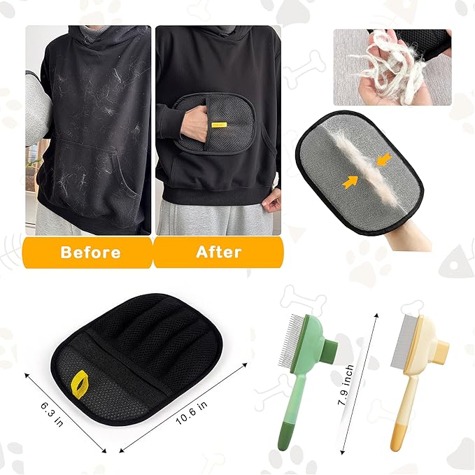 Electrostatic Pet Hair Remover Glove 5-Finger 2x Pack and Self Cleaning Pet Flea Comb Grooming Brush - Furniture& Car Hair Removal Kit Deep & Surface Hair Care (2-Gloves（Black）& 2-Combs(Green,Yellow))