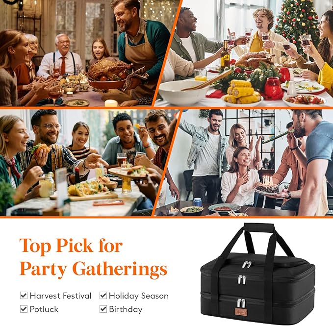Lifewit Double Decker Casserole Carrier for Hot and Cold Food, Insulated Casserole Dish Carrier Carrying Case with Tool Room, Thermal Bag for Potluck Parties Cookouts Fits 9"×13" Baking Dish, Black