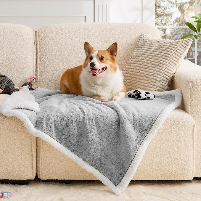 Waterproof Dog Blanket, Reversible Faux Fur & Sherpa Puppy Throw for Couch, Bed & Crate Protection, Soft Cozy Dog Blanket for Small Medium Dogs, 30"x40", Light Grey