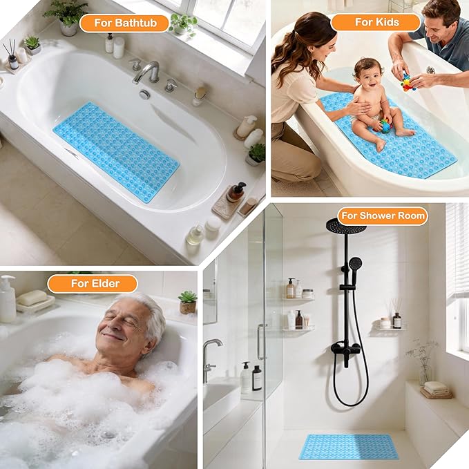 Yimobra Bath Tub Mat Non Slip, 34.5"x15.5" Long Shower Mat, Machine Washable Bathmat with Drain Holes and Suction Cups, Soft on Feet, Bathroom Essentials, Clear Blue
