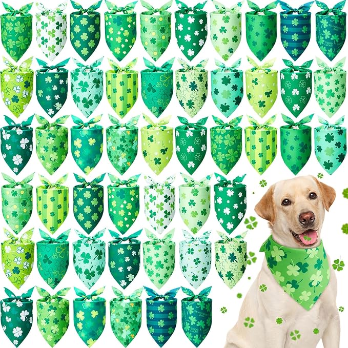 50 Pieces St. Patricks Day Dog Bandanas Bulk Shamrock Dog Bandanas for Dogs Green Soft Dog Bandana Bibs Adjustable Triangle Dog Bandana for Small Medium Large Dog Cat (31.5 x 21.7 x 21.7)