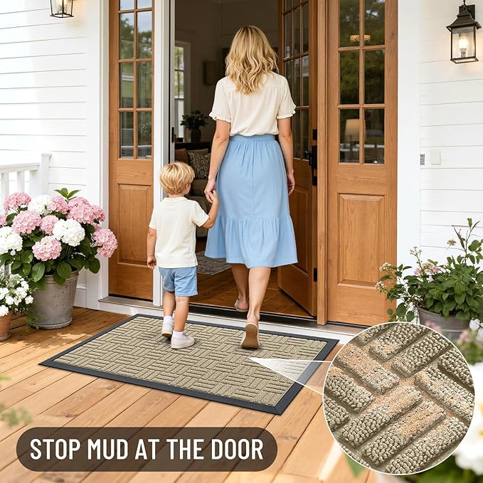 OLANLY Front Door Mat Outside Entrance 71x23, Absorbent, Heavy Duty Sturdy Natural Rubber Doormat Indoor Outdoor, Stain and Fade Resistant, Non-Slip Backing Low Profile Floor Mat for Entryway, Beige