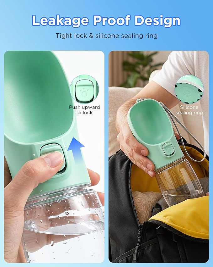 Portable Dog Water Bottle, Leak-Proof Pet Water Dispenser with Water-Saving Reflow, One-Hand Operation & Dishwasher Safe Travel Bottle for Walking, Hiking & Travel, Green