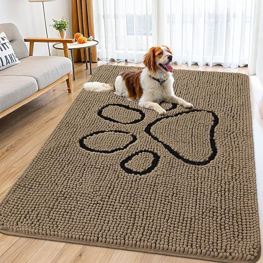 Smiry Dog Door Mat for Muddy Paws, Absorbent Dirt Trapper Non Slip Quick Dry Washable Chenille Mat for Mud Dogs, Entry Rug for Indoor and Outdoor (70x32 Inches, Camel and Black)