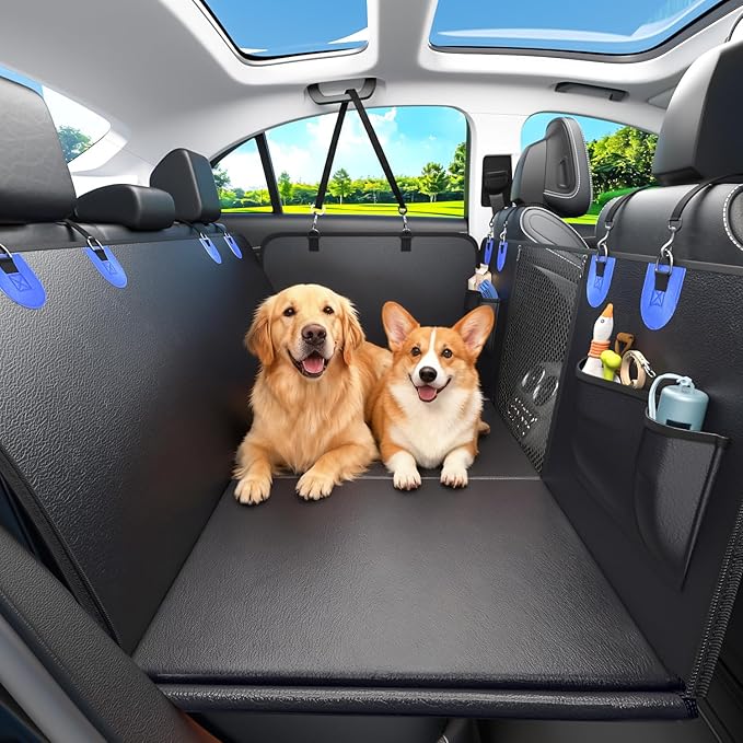 2-In-1 Heavy-Duty Hard Bottom Dog Hammock for Car, 100% Waterproof PU Leather Backseat Cover, Zipper Side Flaps, Non-Slip Extender for Large/Elderly Dogs & Multi-Dog Families,Fits Sedan/SUV/Med.Truck