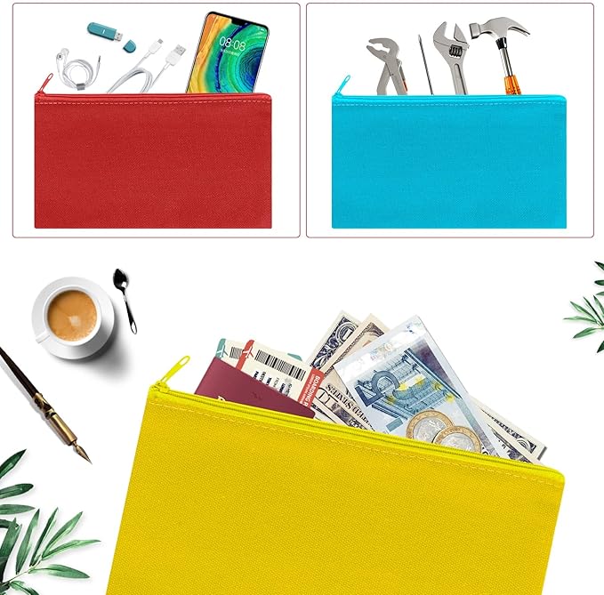 12 Pieces Cotton Canvas Makeup Bag, Multipurpose Cosmetic Bag with Zipper Travel Toiletry Pouch, Blank DIY Craft Bag (Multicolored A, L)
