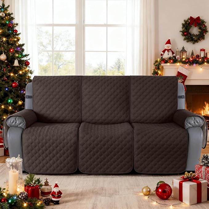 TAOCOCO 100% Waterproof Recliner Sofa Covers, Reclining Couch Covers with Leg Straps, 1-Piece Washable Recliner Sofa Cover with Pocket Couch Protector for Pets Kids(Chocolate, 3 Seater)