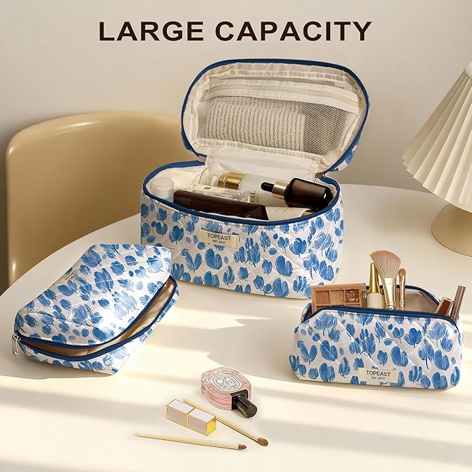 TOPEAST Christmas Gifts for Women Girls - 3Pcs Makeup Bag Large Cotton Travel Make Up Bags, Cute Quilted Floral Cosmetic Organizer Potable Brushes Toiletry Bag Set, Blue Floral
