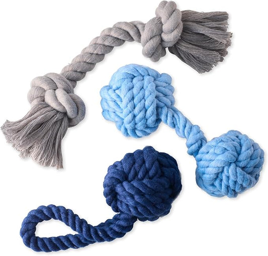 Pet Passion Brady The Rope Tug Toy 3-Pack Organic Cotton Dog Rope Pull Toys for All Pet Breeds, Blue Ombre, One Size
