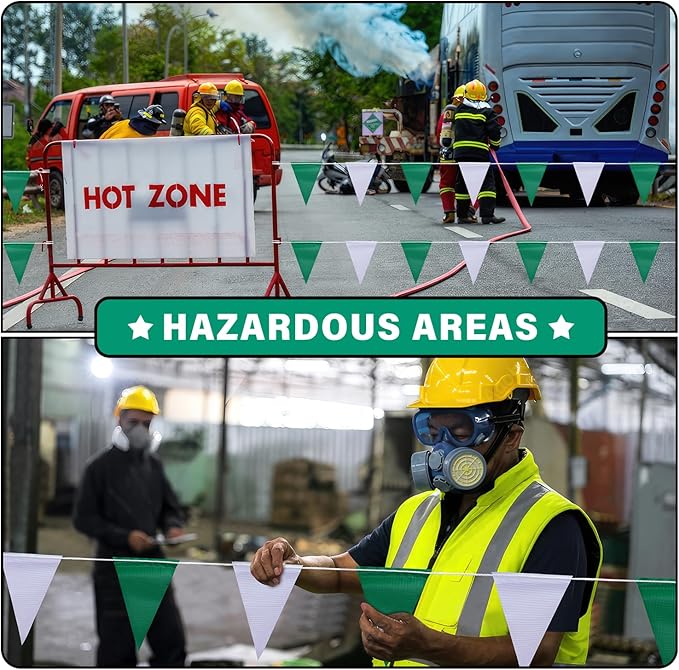 105ft Pennant Banner Flags, 7x10 Green and White 45 Pcs High Visibility Safety Flagging on String, Triangle Pool Flags for Backstroke, Construction Events Party Decoration Parking Marking Outside