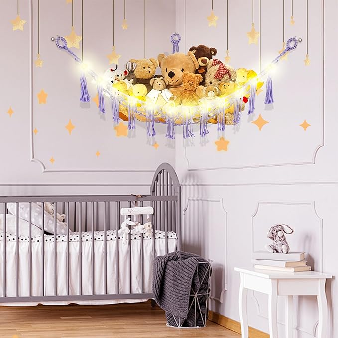 CERETIA Stuffed Animal Hammock with LED Light, Large Stuffed Animals Storage Corner Plushie Net for Kids Room Decor, 2 Packs Purple