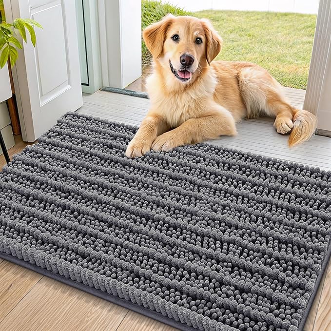 Smiry Dog Door Mat for Muddy Paws 36x24, Extra Soft Absorbent Chenille Doormat, Trap Moisture and Dirt, Non-Slip Machine Washable Front Door Mat for Indoor Entrance Inside Floor, Dark Grey