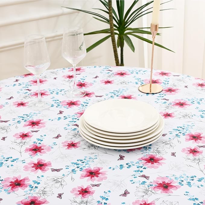 misaya Round Waterproof Vinyl Table Cloth, Wipeable Tablecloth with Flannel Backing, Plastic Table Cover for Dinner, Picnic, Indoor and Outdoor (Sketched Flower, 60")