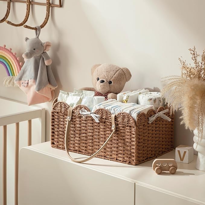 HBlife Large Baby Diaper Caddy, Paper Rope Storage Baskets Nursery Bin with Removable Divider, Portable Car Organizer for Diapers, Baby Shower Gifts, Newborn Essentials Must Haves