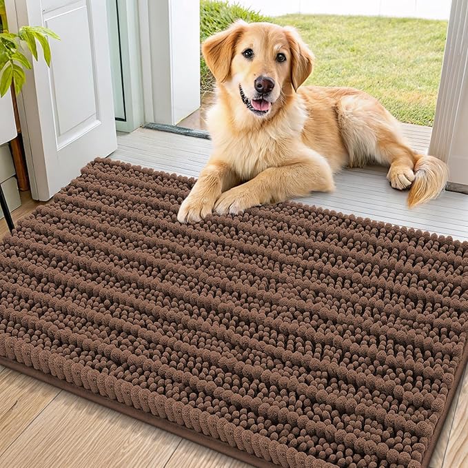 Smiry Dog Door Mat for Muddy Paws 36x24, Extra Soft Absorbent Chenille Doormat, Trap Moisture and Dirt, Non-Slip Machine Washable Front Door Mat for Indoor Entrance Inside Floor, Mocha