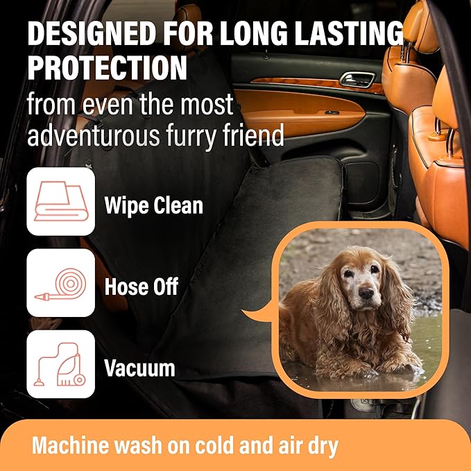 Active Pets Waterproof Hammock Standard Car Seat Cover, Fits Sedans Hatchbacks Crossovers Coupes Compact Vehicles, Secure Convertible Travel Bed Protects Backseat Cargo from Dogs, Black w/Orange Trim