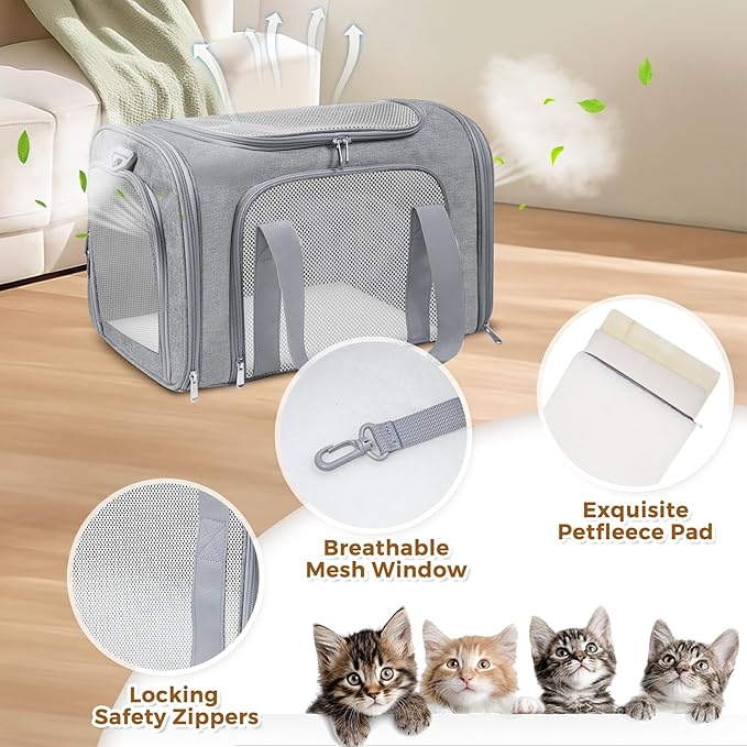 FOORLON Cat Carrier Soft for Pets Up to 15 Lbs, Cat Travel Bag Soft-Sided with Padded Shoulder Strap, Pet Dog Carriers for Small Dogs Travel Puppy Carry Airline Approved, Grey